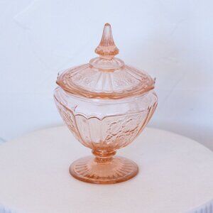 Vintage Pink Depression Glass Candy Dish Holder withFloral Details & Ornate Lid